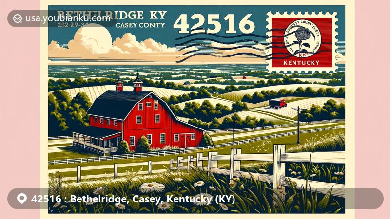 Modern illustration of Bethelridge, Casey County, Kentucky, featuring picturesque countryside with a red barn, white picket fences, and native flora, in a vintage postcard style with a Kentucky state flag stamp and Casey County map in the background.