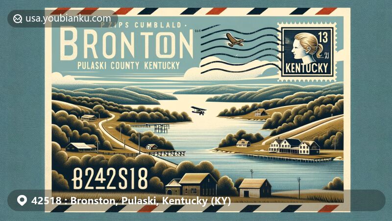 Modern illustration of Bronston, Pulaski County, Kentucky, capturing the essence of ZIP code 42518, featuring Lake Cumberland's scenic beauty and small-town charm, with a vintage airmail envelope and custom postage stamp design.