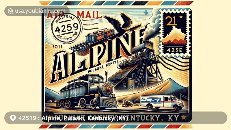 Modern illustration of Alpine, Pulaski, Kentucky, showcasing vintage coal mining town theme with ZIP code 42519, featuring historic mining equipment and Pulaski County outline.