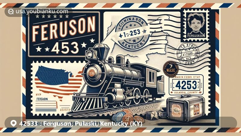 Modern illustration of Ferguson, Kentucky, showcasing postal theme with ZIP code 42533, featuring vintage air mail envelope and Cincinnati Southern Railroad steam locomotive.