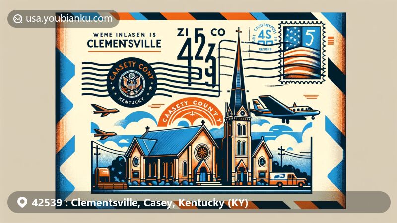 Modern illustration of Clementsville, Casey County, Kentucky, with airmail envelope design featuring St. Bernard Catholic Church and Kentucky state flag.