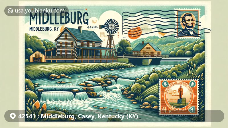 Modern illustration of Middleburg, Casey County, Kentucky, blending postal elements with local characteristics like a log home, the Green River, a historic mill, and Abraham Lincoln's connection.