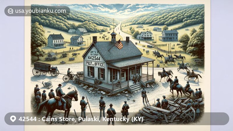 Modern illustration of Cains Store, Pulaski County, Kentucky, blending history and nature with postal traditions, featuring antique post office, Battle of Mill Springs, and vintage postal elements.