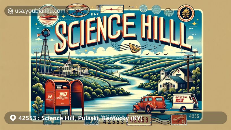 Modern illustration of Science Hill, Kentucky, showcasing natural beauty, small-town charm, and postal theme with ZIP code 42553, featuring vintage air mail elements, classic red mailbox, and postal delivery van.