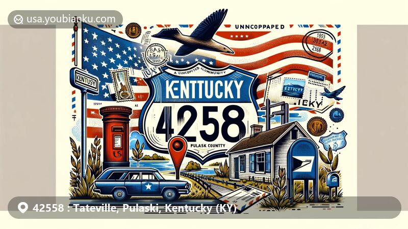 Modern illustration of Tateville, Pulaski County, Kentucky, featuring a creative depiction of a postcard with ZIP code 42558, postal elements, and the Kentucky state flag.