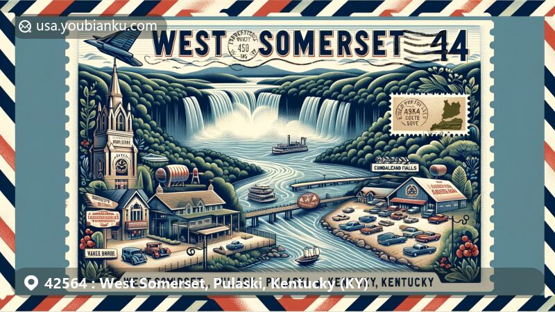 Modern illustration of West Somerset, Pulaski County, Kentucky, with ZIP code 42564, showcasing Lake Cumberland's grandeur, Cumberland Falls' beauty, and local culture like handcrafted bourbon and Somernites Cruise.