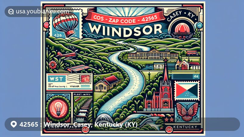 Modern illustration of Windsor, Casey County, Kentucky (KY), featuring Green River Knob, the highest point in Casey County, postal theme with ZIP code 42565, vintage air mail elements, and vibrant colors.