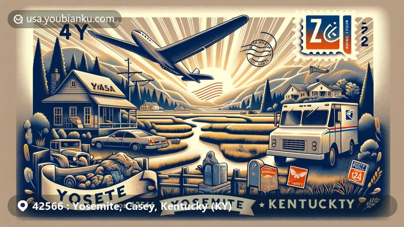 Modern illustration of Yosemite, Casey County, Kentucky, showcasing postal theme with ZIP code 42566, featuring tranquil countryside and Kentucky state symbols.
