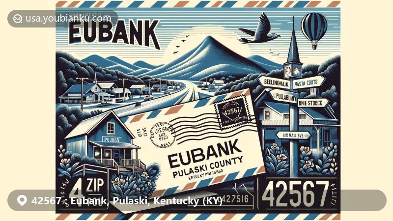 Modern illustration of Eubank, Pulaski County, Kentucky, featuring postal theme with ZIP code 42567, Appalachian Mountains backdrop, and small-town charm.