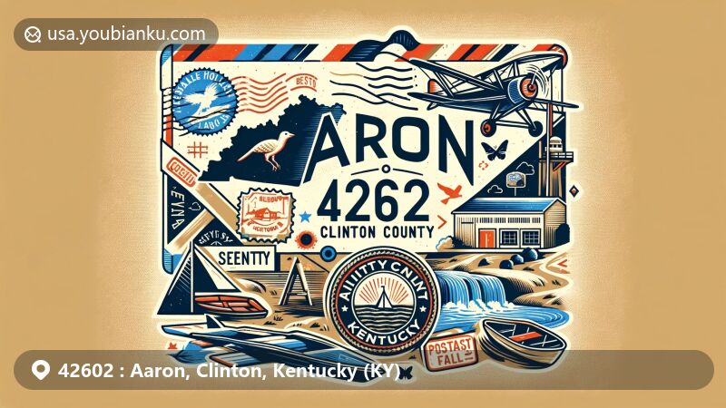Modern illustration of Aaron in Clinton County, Kentucky, showcasing postal theme with ZIP code 42602, featuring vintage air mail envelope, Kentucky state stamp, Dale Hollow Lake, and Seventy Six Falls.