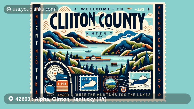 Modern illustration of Cumberland Lake area in Clinton County, Kentucky, showcasing lush mountains around the lake, with a map outline featuring '42603' and 'Alpha, Clinton, KY', and a postal themed corner design.