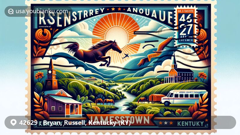 Modern illustration of Jamestown, Russell County, Kentucky, showcasing ZIP code 42629, featuring lush landscapes, iconic horse symbols representing the state's equine heritage, and the Ark Encounter.