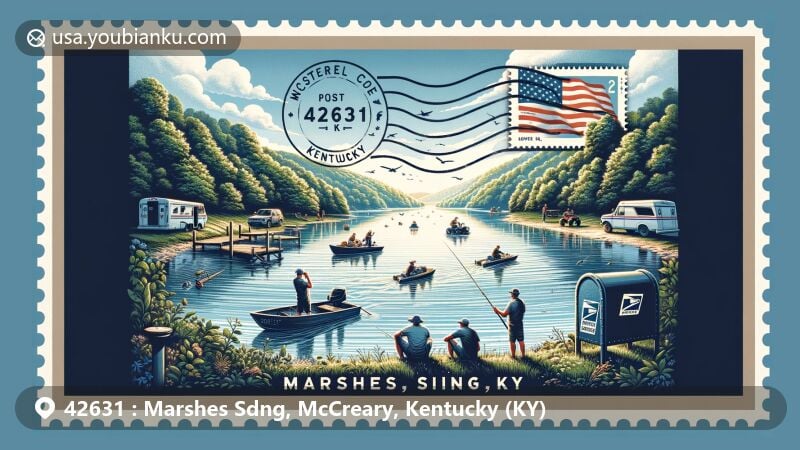 Modern illustration of Marshes Siding, McCreary County, Kentucky, highlighting postal theme with ZIP code 42631, showcasing scenic rural landscape and outdoor activities like fishing, boating, camping, and ATV riding.