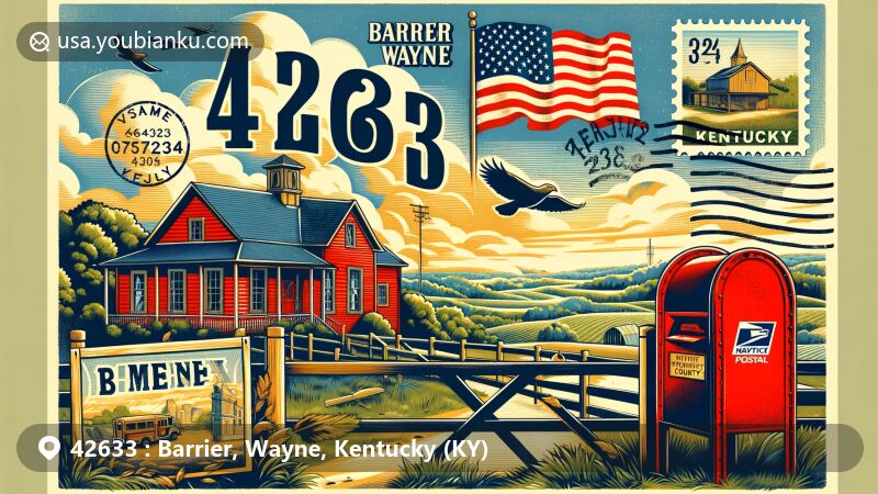 Modern illustration of Barrier, Wayne County, Kentucky, showcasing postal theme with ZIP code 42633, featuring Wayne County Museum and vintage postal elements.