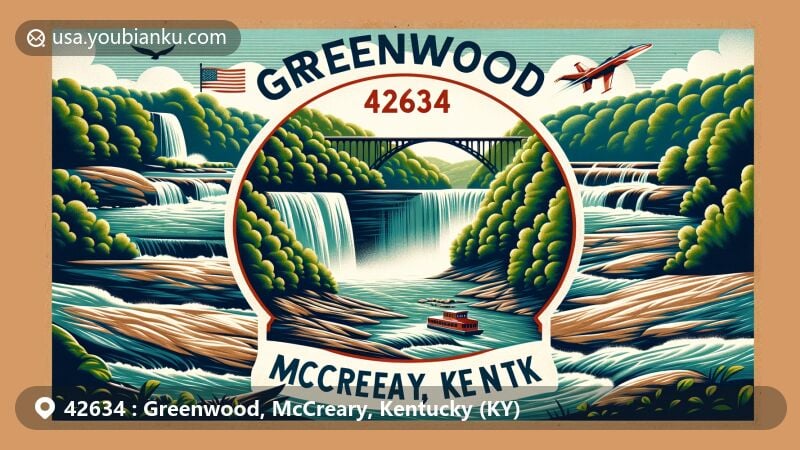 Modern illustration of Greenwood, McCreary, Kentucky, highlighting postal theme with ZIP code 42634, featuring Natural Arch Scenic Area, Cumberland Falls, and other famous waterfalls, showcasing the area's natural beauty and postal heritage.
