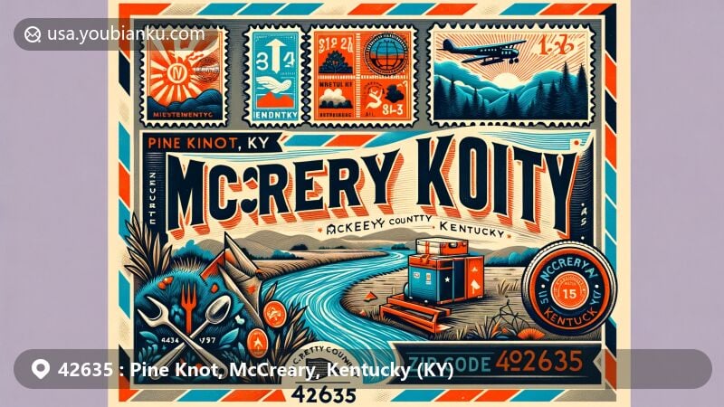 Contemporary illustration of Pine Knot, McCreary County, Kentucky, inspired by vintage air-mail envelope with notable symbols and landmarks, showcasing the Cumberland River and U.S. Route 27.