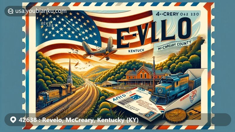 Illustration of ZIP code 42638 in Revelo, Kentucky, showcasing McCreary County's natural beauty with forests and rolling hills, featuring Kentucky state flag and vintage air mail envelope.