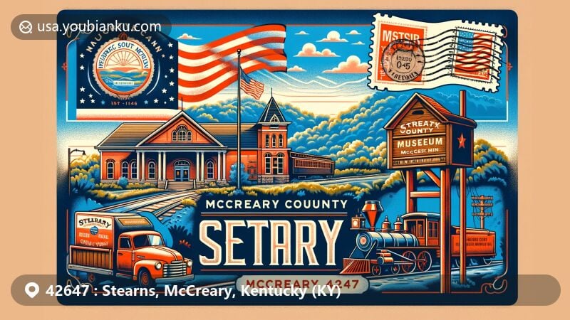 Modern illustration of Stearns, McCreary, Kentucky, highlighting McCreary County Museum and Big South Fork Scenic Railway, featuring decorative postal theme with ZIP code 42647, incorporating Kentucky state outline and waving US flag.