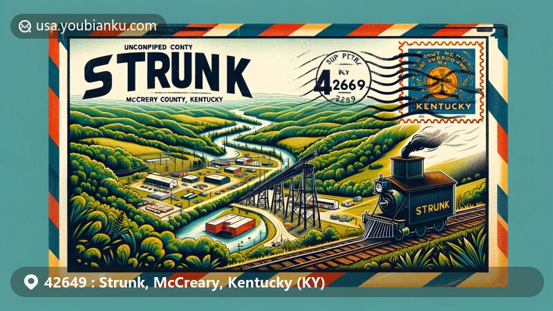 Modern illustration of Strunk, McCreary County, Kentucky, emphasizing coal mining history and natural beauty with Big South Fork National River and Recreation Area, set on vintage airmail envelope with Kentucky state flag stamp and coal cart motif.