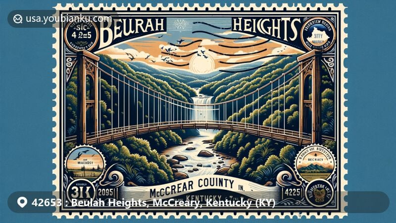 Modern illustration of Beulah Heights, McCreary County, Kentucky, featuring iconic Ritner Swinging Bridge in Daniel Boone National Forest and natural attractions like forests, waterfalls, and natural arches, combined with postal theme and vintage-style postage stamp highlighting ZIP Code 42653 and Kentucky state flag.