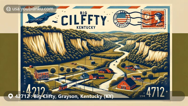 Modern illustration of Big Clifty, Grayson County, Kentucky, highlighting natural beauty and regional features, including rolling hills, limestone cliffs, Clifty Creek, and a vintage-style air mail envelope with postal theme.