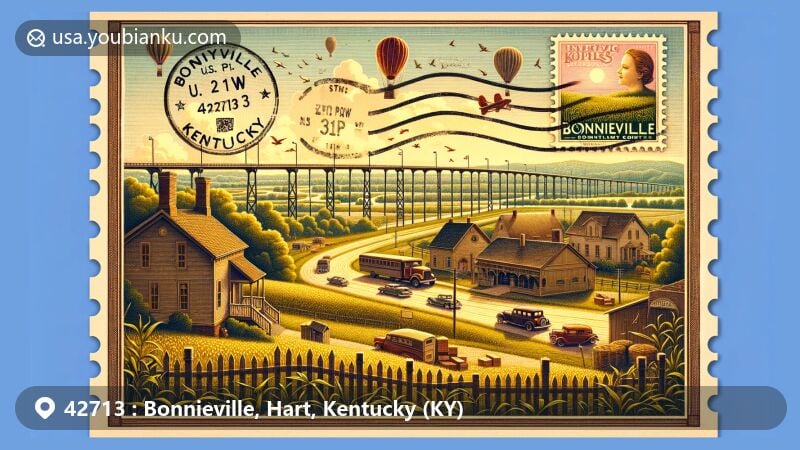 Modern illustration of Bonnieville, Hart County, Kentucky, encapsulating postal charm with ZIP code 42713, showcasing U.S. Route 31W, vintage aerogramme with stamps, Memory Park Cemetery, and Kentucky's bamboo collection.