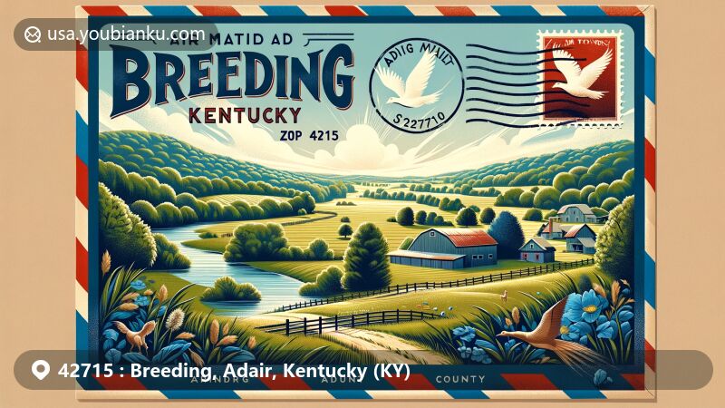 Rural illustration of Breeding, Kentucky, Adair County, capturing the natural beauty and small-town charm with ZIP code 42715, framed by an open air mail envelope.