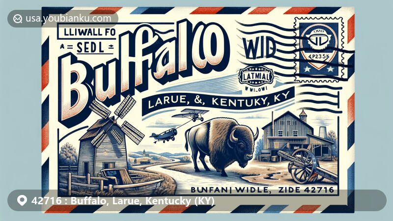 Illustration of Buffalo, Larue, Kentucky (KY) with ZIP code 42716, featuring vintage airmail envelope and local heritage symbols like Kentucky Route 61, historic gristmill, buffalo, and state flag.