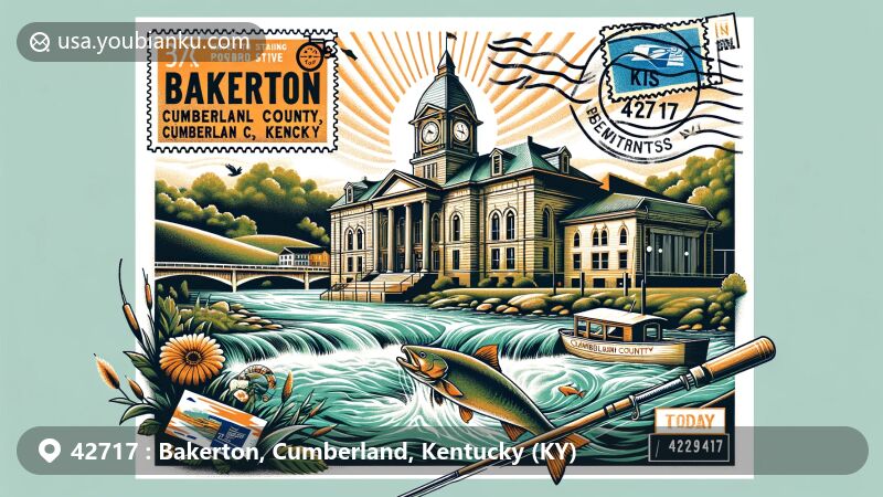 Modern illustration of Bakerton area, Cumberland County, Kentucky, with postal themes, featuring Cumberland River, top fishing destination, Cumberland County Courthouse, vintage air mail envelope, ZIP code 42717 stamp, postmark stamp.