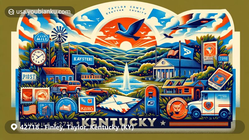 Modern illustration of Finley area, Taylor County, Kentucky, blending natural beauty and postal culture, featuring airmail elements, stamps, postmark, and Kentucky state flag.