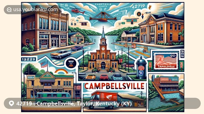 Modern illustration of Campbellsville, Taylor County, Kentucky, with ZIP code 42719, showcasing historic downtown area, Campbellsville University Theatre, East First Brewery, and Green River Lake, blending architecture, community spirit, cultural landmarks, and natural beauty, with subtle postal theme elements.