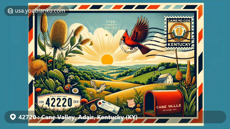 Modern illustration of Cane Valley, Adair County, Kentucky, highlighting ZIP code 42720, featuring state symbols, lush landscapes, and postal theme.