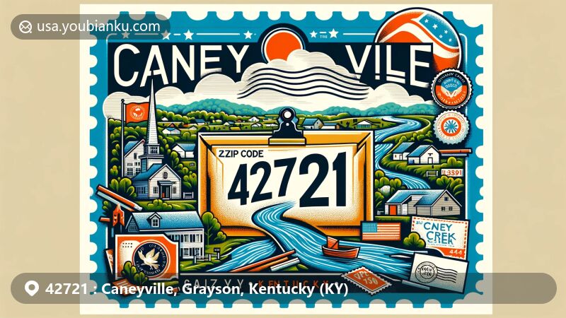 Modern illustration of Caneyville, Grayson County, Kentucky, featuring postal theme with ZIP code 42721, showcasing small-town charm and natural beauty of Caney Creek.