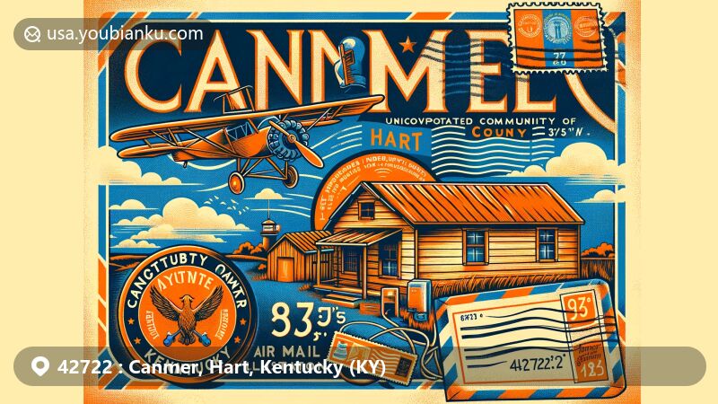 Modern illustration of Canmer, Hart County, Kentucky, featuring vintage air mail elements and postal symbols, showcasing ZIP code 42722 and Kentucky state symbols.