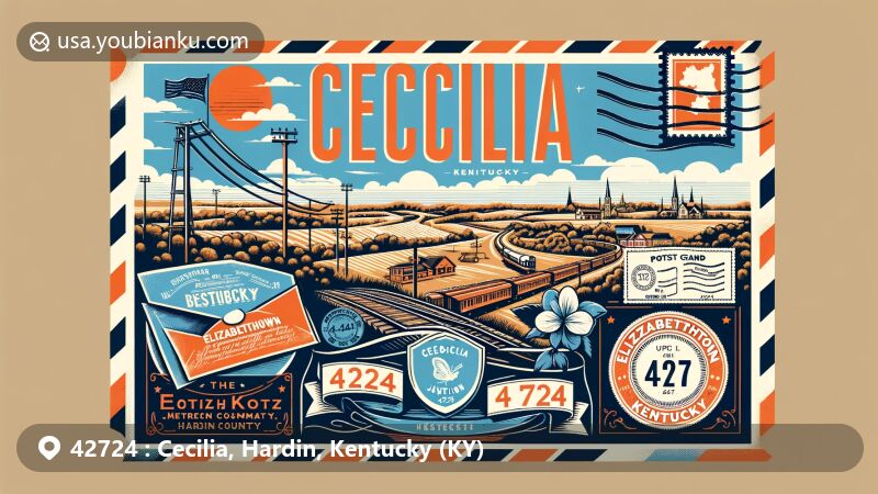 Modern illustration of Cecilia, Kentucky, with a vintage postcard design featuring ZIP code 42724, Kentucky state flag, and nods to railway history and geographical location.