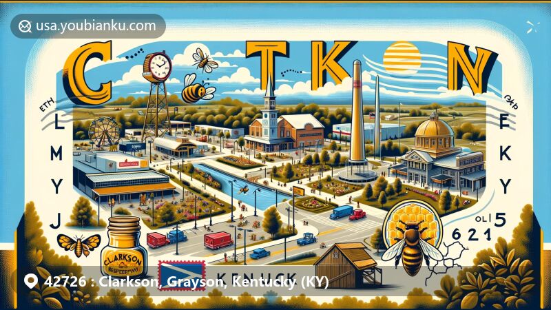 Modern illustration of Clarkson, Grayson County, Kentucky, representing postal code 42726, featuring annual Honeyfest with honey, bees, and Kelley Beekeeping Company. Includes park, community center, and state symbols.