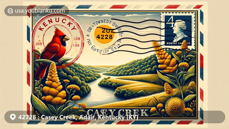 Creative depiction of Casey Creek, Adair County, Kentucky, showcasing vintage air mail envelope with ZIP code 42728 and customized postage stamp of Kentucky state flag.