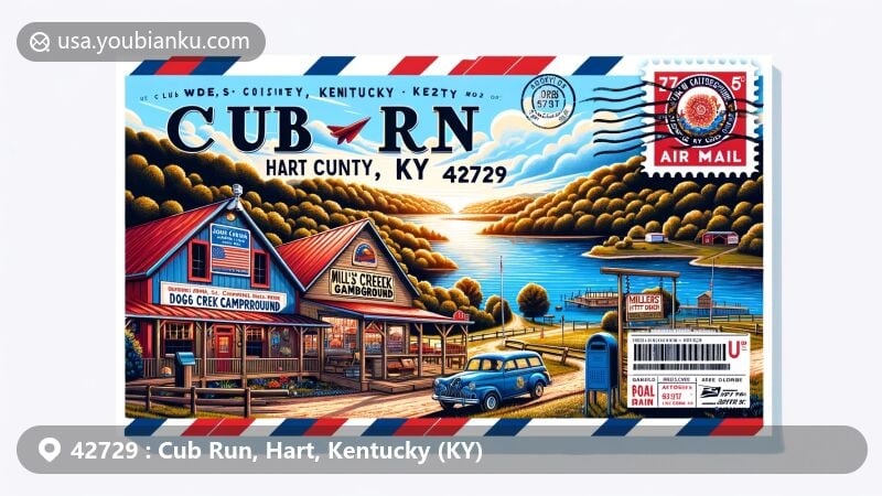 Modern illustration of Cub Run, Hart County, Kentucky, featuring Nolin Lake, Dog Creek Campground, and Miller’s Hitching Post, within a postal-themed design with Kentucky state flag and red mailbox.
