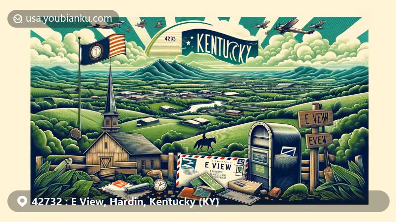 Modern illustration of E View, Hardin, Kentucky, blending natural beauty and postal elements, highlighting ZIP code 42732, Kentucky's green landscapes, horse farms, and state flag symbols.