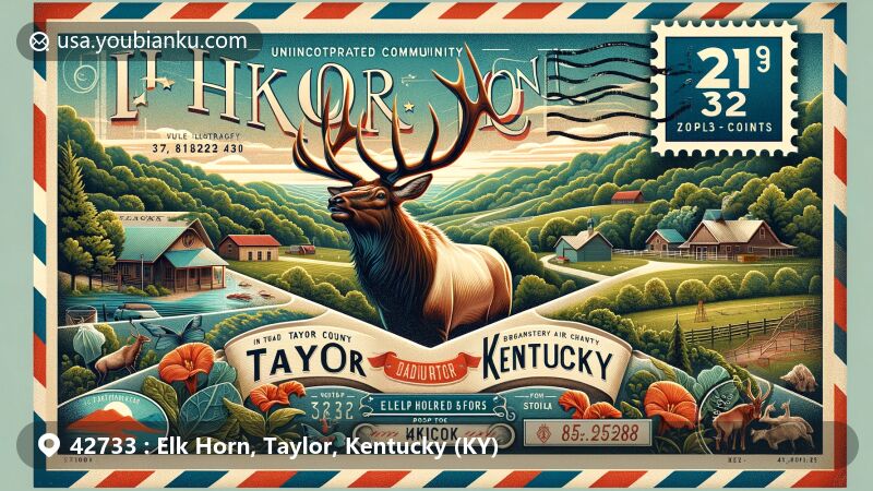 Modern illustration of Elk Horn, Taylor County, Kentucky, with ZIP code 42733, featuring vintage airmail envelope and symbolic elk, surrounded by Kentucky's iconic landscapes.