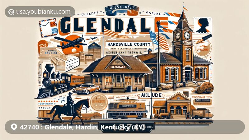 Modern illustration of Glendale, Hardin County, Kentucky, showcasing postal theme with ZIP code 42740, featuring historic train depot, old Glendale bank building, Lynnland Military Institution, Whistle Stop restaurant, and vintage postal elements.
