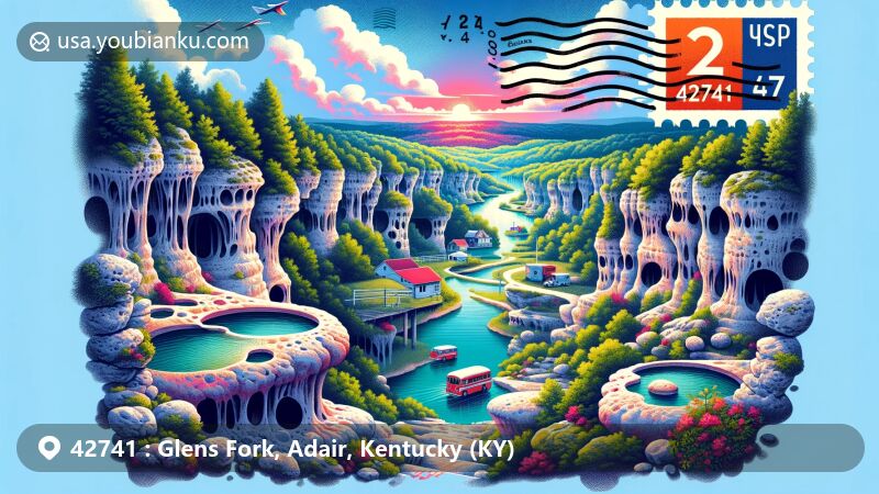 Modern wide-format illustration of Glens Fork, Adair County, Kentucky, capturing the area's karst landscape with limestone, sinkholes, and small caves, emphasizing natural beauty and geological uniqueness.