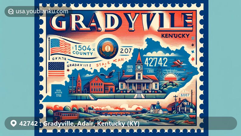 Modern illustration of Gradyville, Adair County, Kentucky, highlighting postal theme with ZIP code 42742, featuring Adair County outline, Kentucky flag, and a visual reference to the 1907 Gradyville Flood.