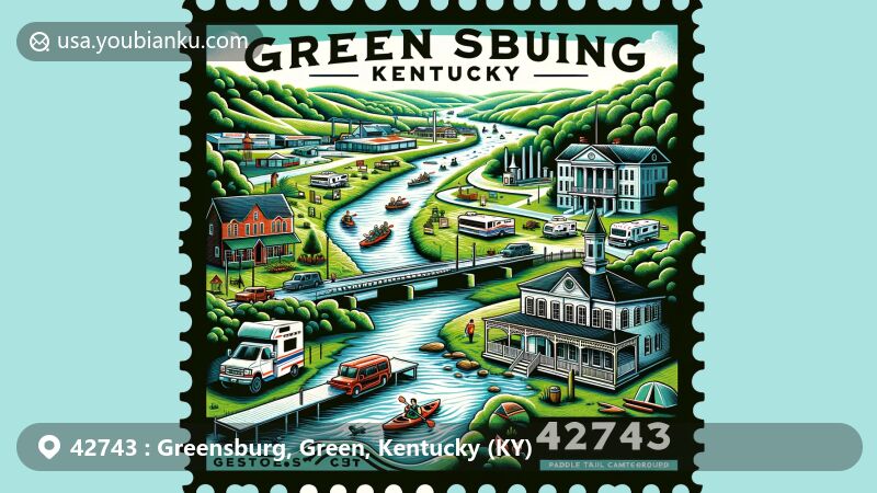 Modern illustration of Greensburg, Kentucky, featuring a detailed postage stamp with ZIP code 42743, showcasing Green County History Museum, Paddle Trail Campground, and scenic Kentucky countryside.