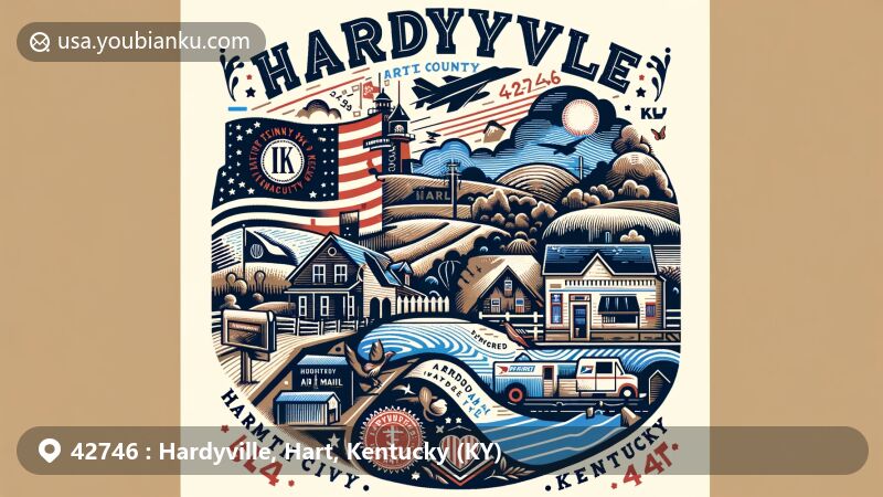 Modern illustration of Hardyville, Hart County, Kentucky, blending rural charm and postal themes with ZIP code 42746, featuring Kentucky state flag, Hart County outline, and silhouettes of natural landmarks.