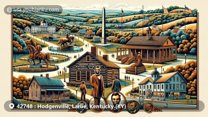 Modern illustration of Hodgenville, LaRue County, Kentucky (KY), featuring Abraham Lincoln Birthplace National Historical Park with symbolic cabin and Memorial Building, iconic bronze statues of Lincoln, LaRue County Trail System, Lincoln Museum, and postal elements.