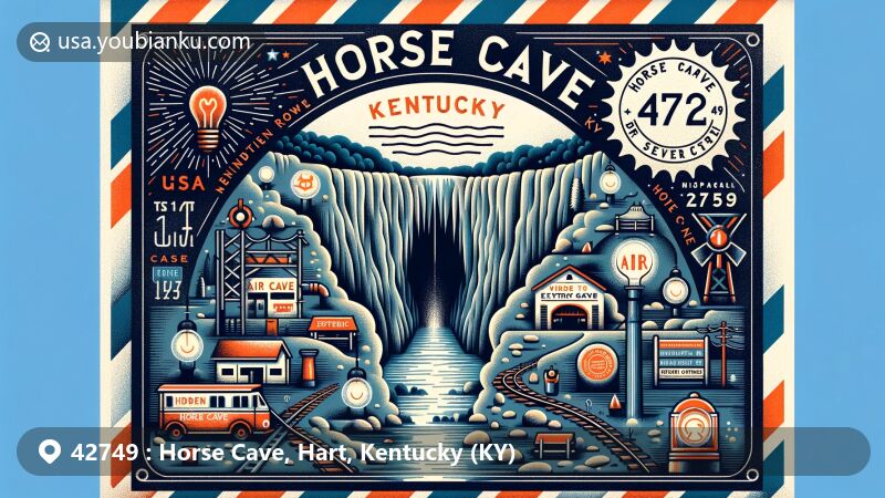 Creative illustration of Horse Cave, Hart, Kentucky, ZIP code 42749, with focus on Hidden River Cave and early city symbols like electric lights and underground river, framed in vintage airmail envelope with Kentucky state flag postage stamp.