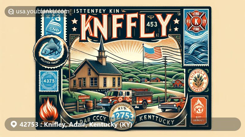 Modern illustration of Knifley, Adair County, Kentucky, capturing the charming countryside with rolling hills and green landscapes, featuring vintage postcard design with state flag and fire department emblem.