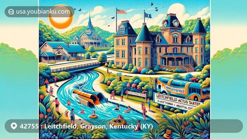 Vivid illustration of Leitchfield, Kentucky, featuring Jack Thomas House and Leitchfield Aquatic Center against a sunny backdrop, capturing the city's heritage and community spirit.