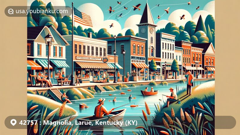 Modern illustration of Magnolia, Kentucky, in LaRue County, showcasing its friendly community, tranquil living, and picturesque natural landscapes, featuring cozy main street, abundant greenery, and iconic Kentucky symbols.